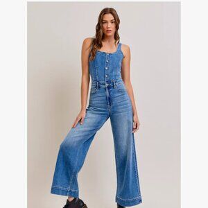 NEW HIDDEN Medium Stretch Wide Leg Denim Jumpsuit Medium Wash for women 253